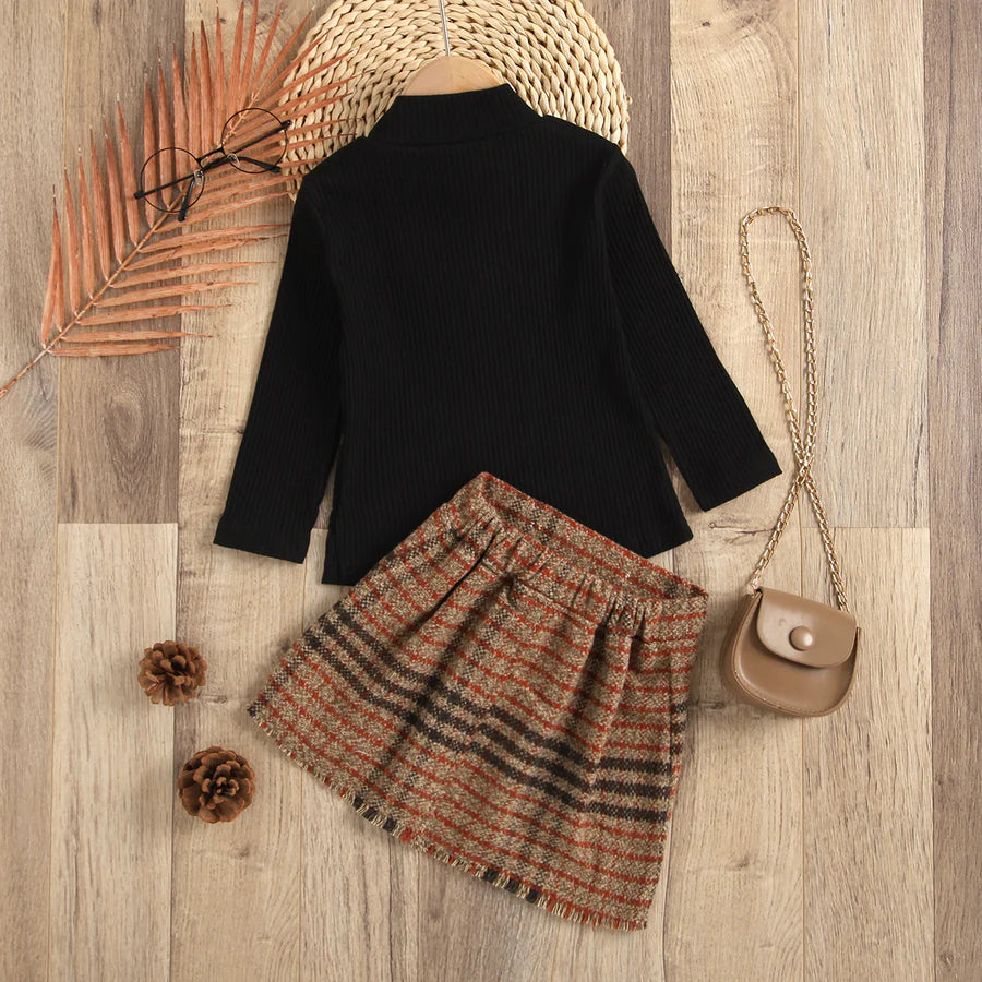 Toddler Girls Long Sleeve Knitted Top and Plaid Skirt Set