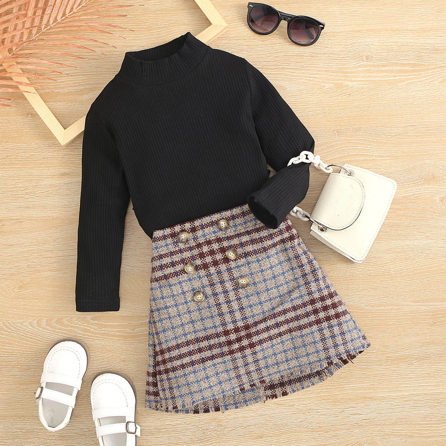 Toddler Girls Long Sleeve Knitted Top and Plaid Skirt Set