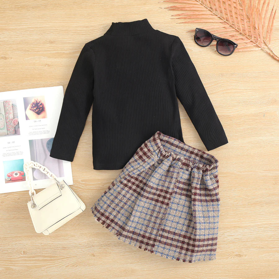 Toddler Girls Long Sleeve Knitted Top and Plaid Skirt Set