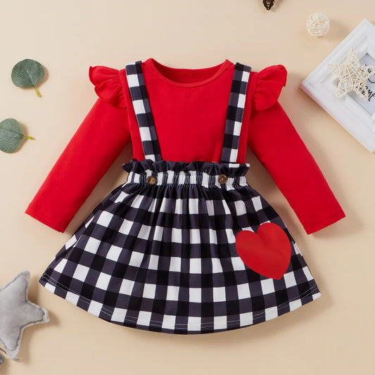 Toddler Girls Round Neck Long Sleeve Top and Plaid Suspender Skirt