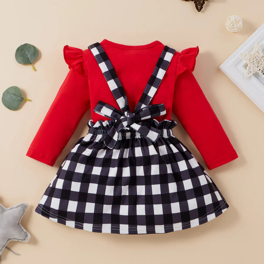 Toddler Girls Round Neck Long Sleeve Top and Plaid Suspender Skirt