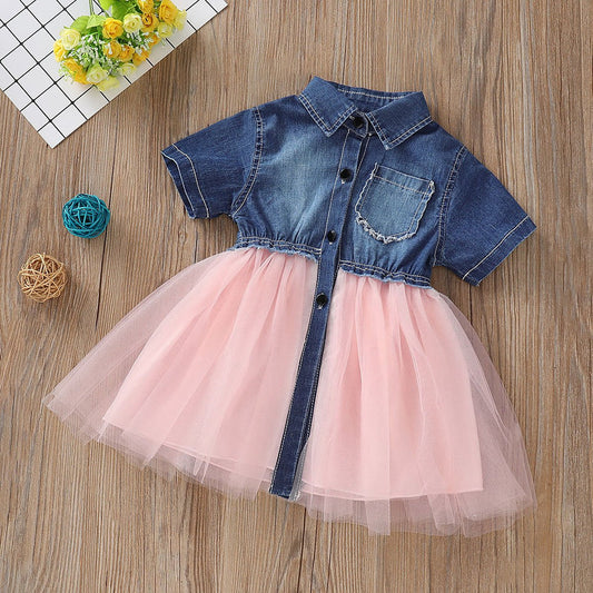 Toddler Girls Short Sleeve Denim Top and Splice Mesh Pleated Skirt Combo