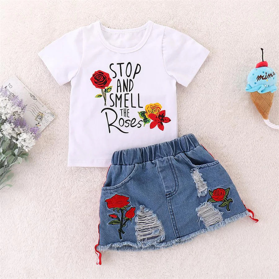 Toddler Girls Short Sleeve Letter Print Rose Top and Ripped Denim Jeans Skirt