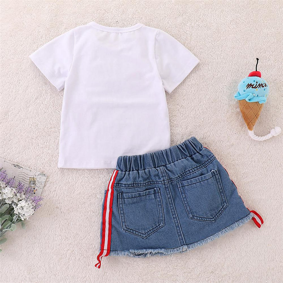 Toddler Girls Short Sleeve Letter Print Rose Top and Ripped Denim Jeans Skirt