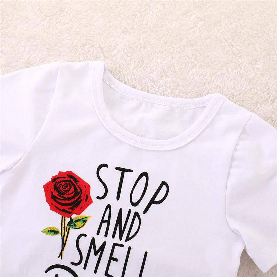 Toddler Girls Short Sleeve Letter Print Rose Top and Ripped Denim Jeans Skirt