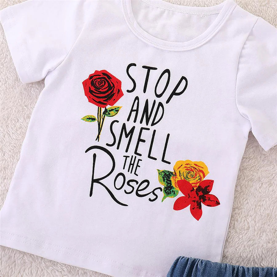 Toddler Girls Short Sleeve Letter Print Rose Top and Ripped Denim Jeans Skirt