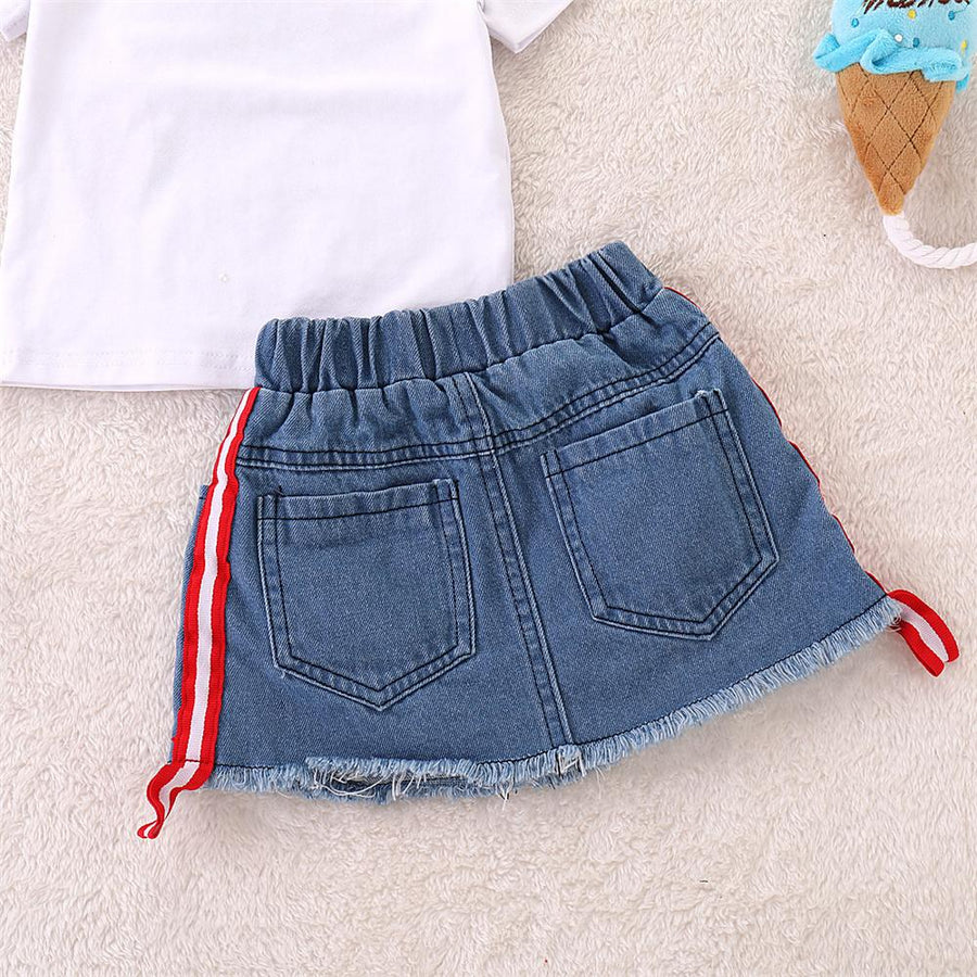 Toddler Girls Short Sleeve Letter Print Rose Top and Ripped Denim Jeans Skirt