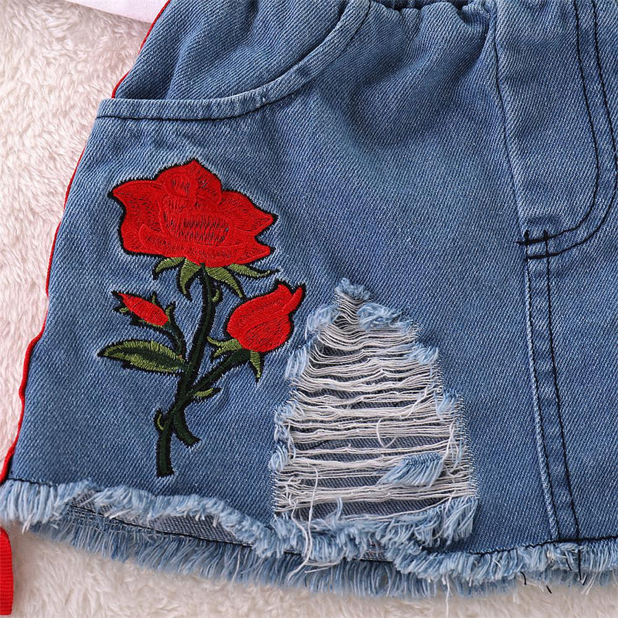 Toddler Girls Short Sleeve Letter Print Rose Top and Ripped Denim Jeans Skirt