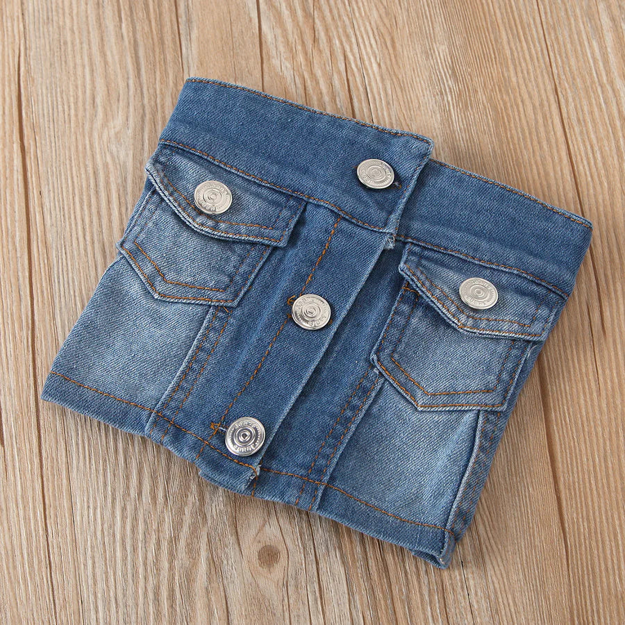 Toddler Girls Short Sleeve Shirt Skirt with Denim Waist Cover Set