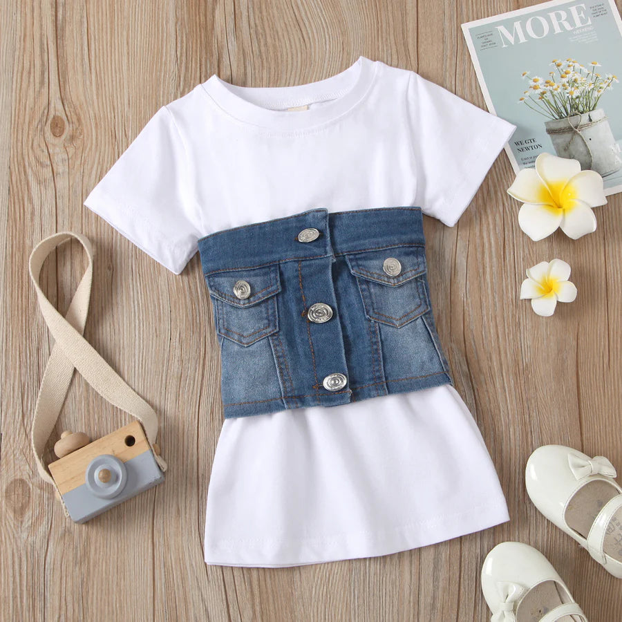 Toddler Girls Short Sleeve Shirt Skirt with Denim Waist Cover Set