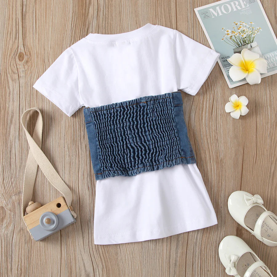 Toddler Girls Short Sleeve Shirt Skirt with Denim Waist Cover Set