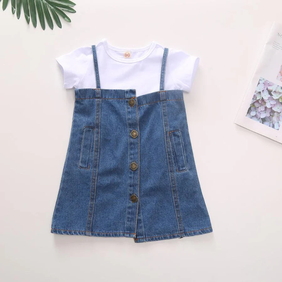 Toddler Girls Short Sleeve T-Shirt and Irregular Denim Suspender Skirt