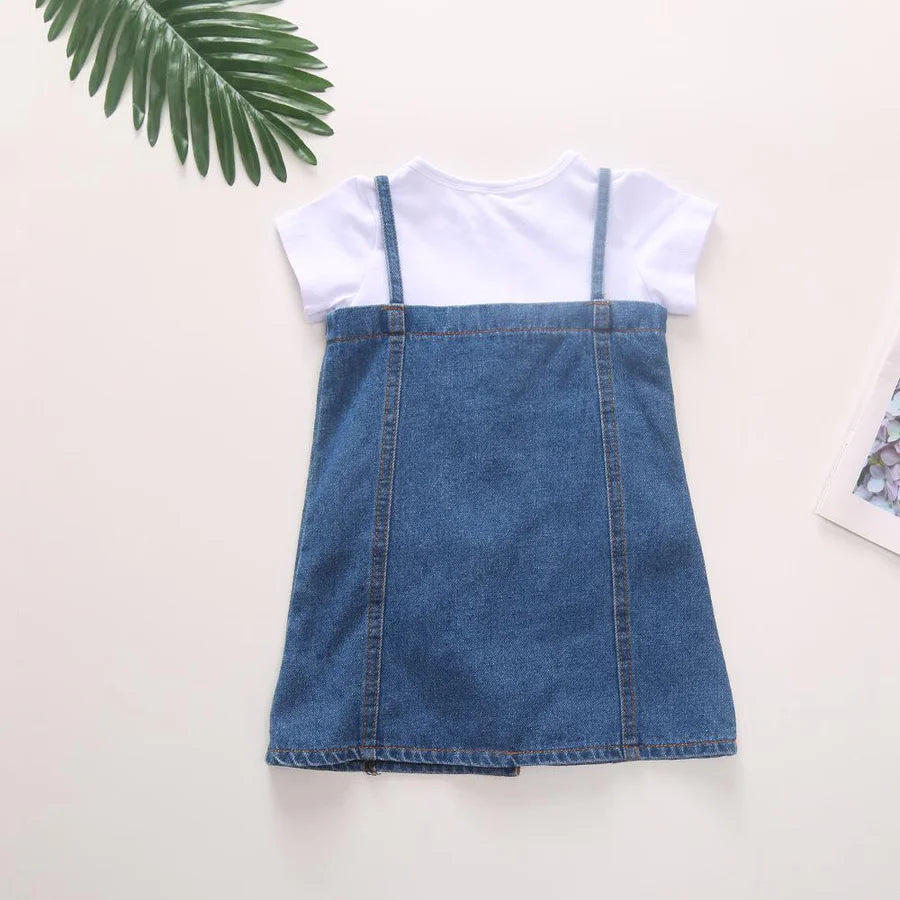 Toddler Girls Short Sleeve T-Shirt and Irregular Denim Suspender Skirt