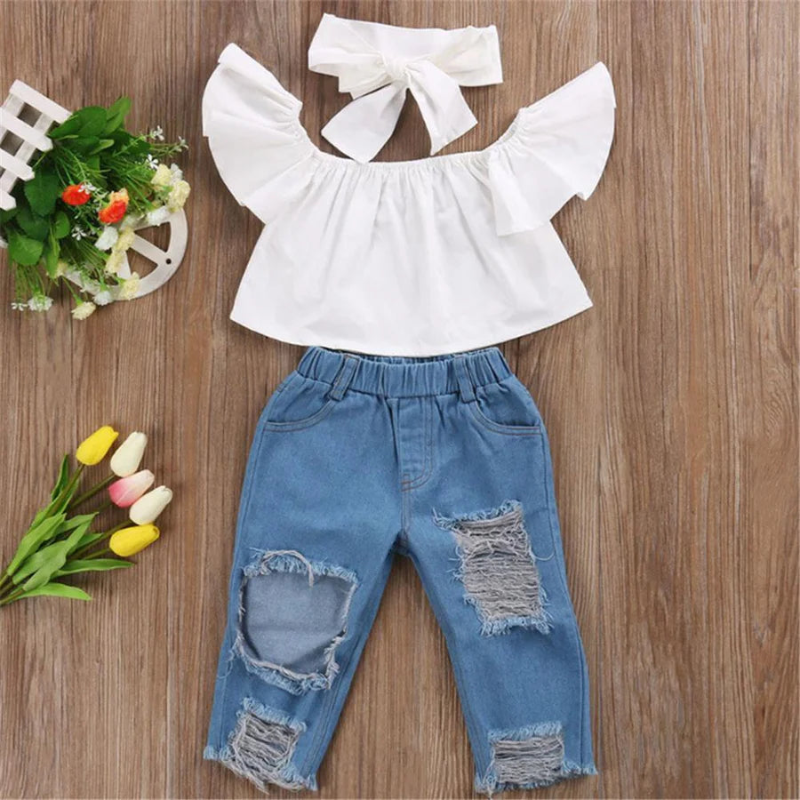 Toddler Girls Shoulder Top with Headband and Ripped Jeans