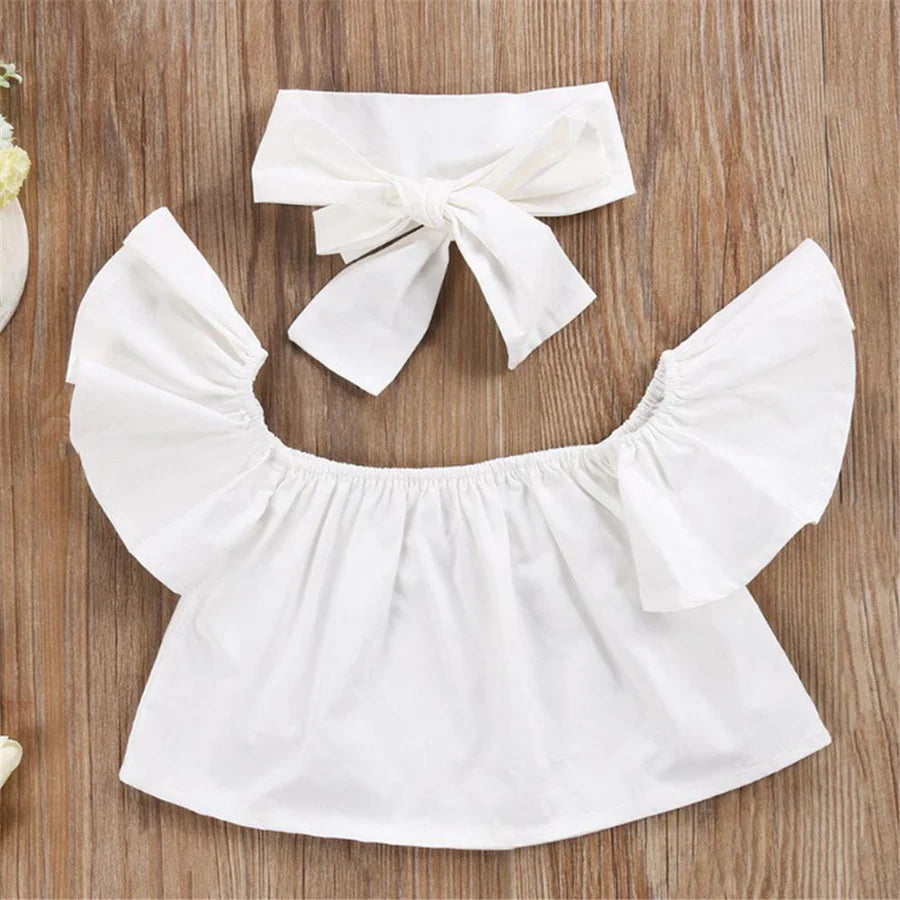 Toddler Girls Shoulder Top with Headband and Ripped Jeans