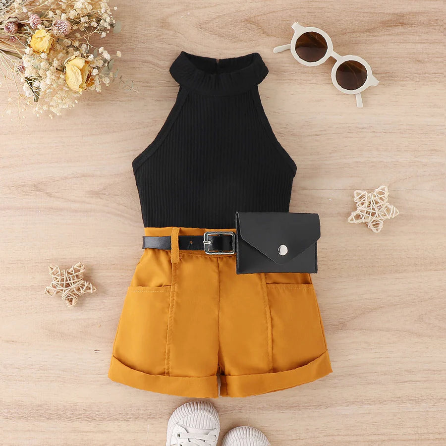 Toddler Girls Sleeveless Neck Vest and Shorts Slacks with Bag