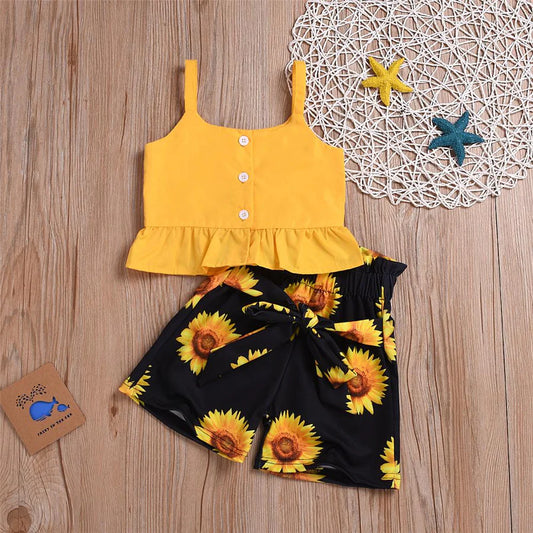 Toddler Girls Solid Color Tank Top and Sunflower Shorts