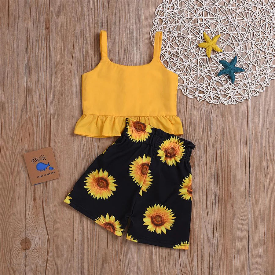 Toddler Girls Solid Color Tank Top and Sunflower Shorts