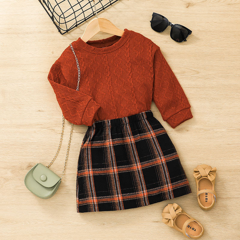 Toddler Girls Solid Long Sleeve Sweater and Plaid Print Skirt