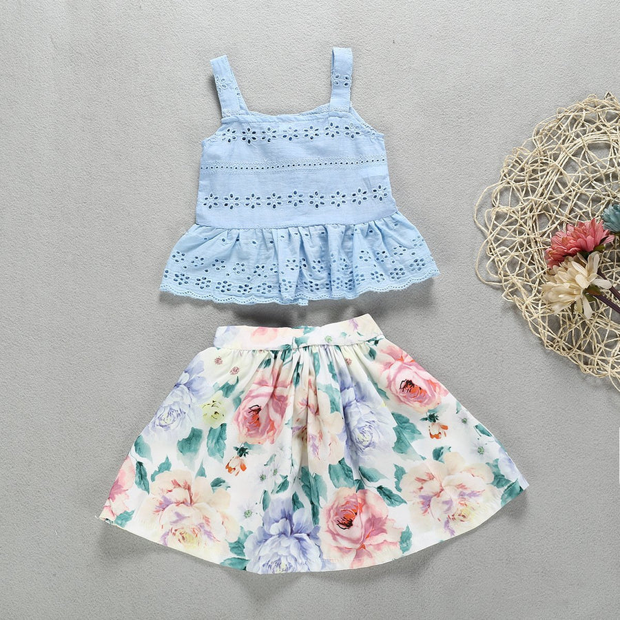 Toddler Girls Suspender Lace Top and Flower Short Skirt