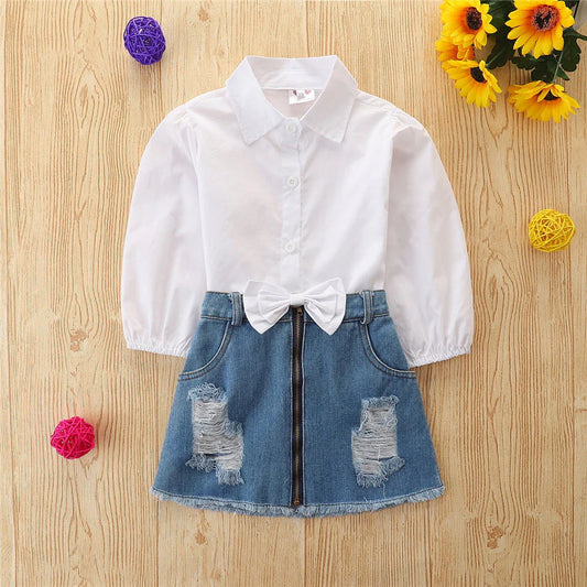 Toddler Girls White Button Up Shirt and Denim Jeans Skirt