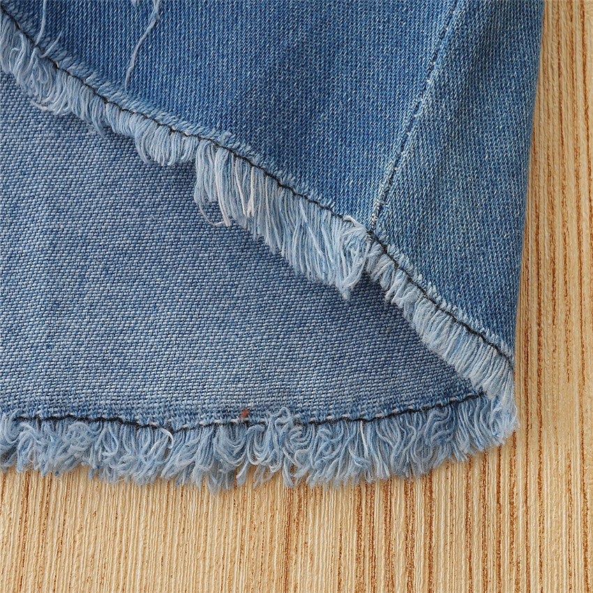 Toddler Girls White Button Up Shirt and Denim Jeans Skirt