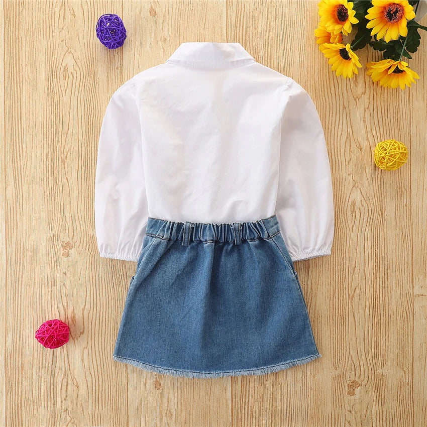 Toddler Girls White Button Up Shirt and Denim Jeans Skirt