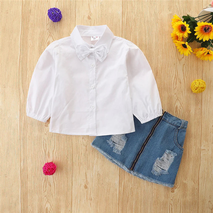 Toddler Girls White Button Up Shirt and Denim Jeans Skirt