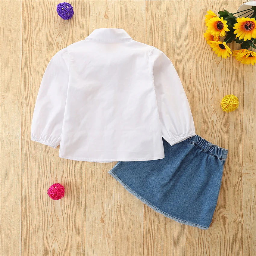 Toddler Girls White Button Up Shirt and Denim Jeans Skirt