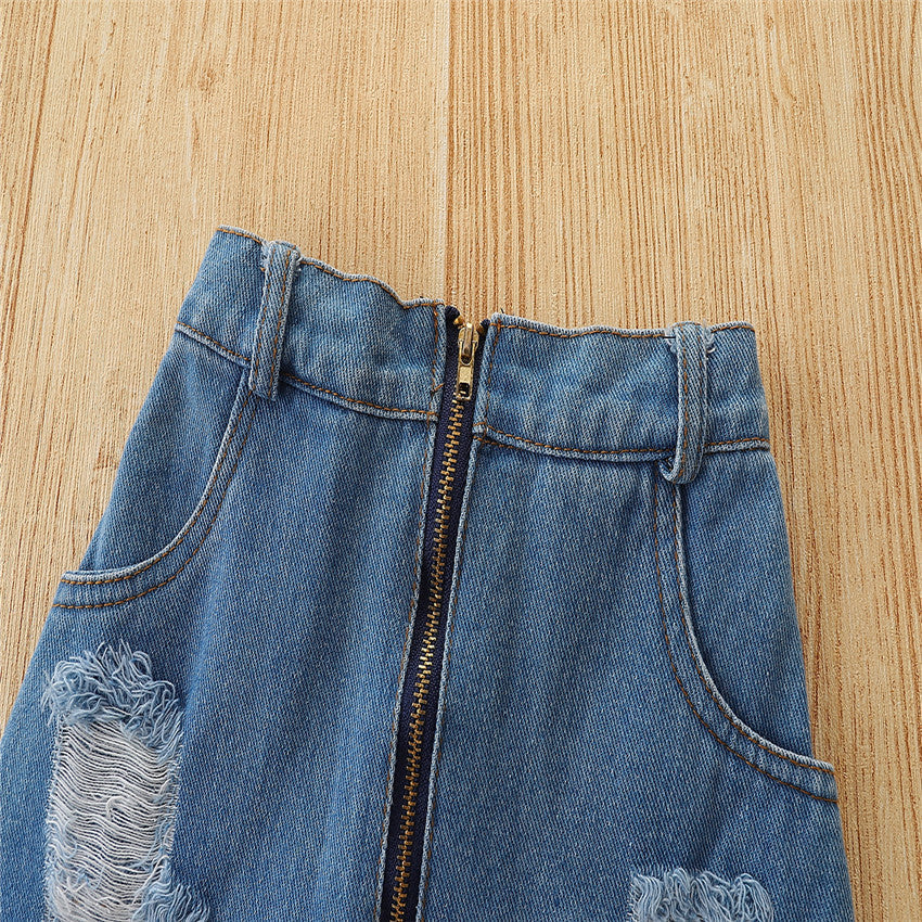 Toddler Girls White Button Up Shirt and Denim Jeans Skirt